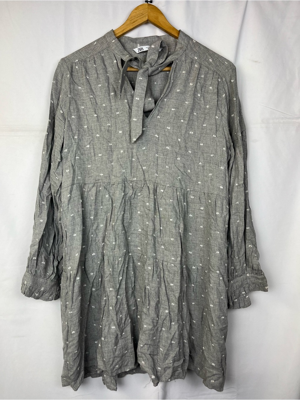Zara Women’s Gray Polkadot Tiered Babydoll Mini Dress Size S Flowy